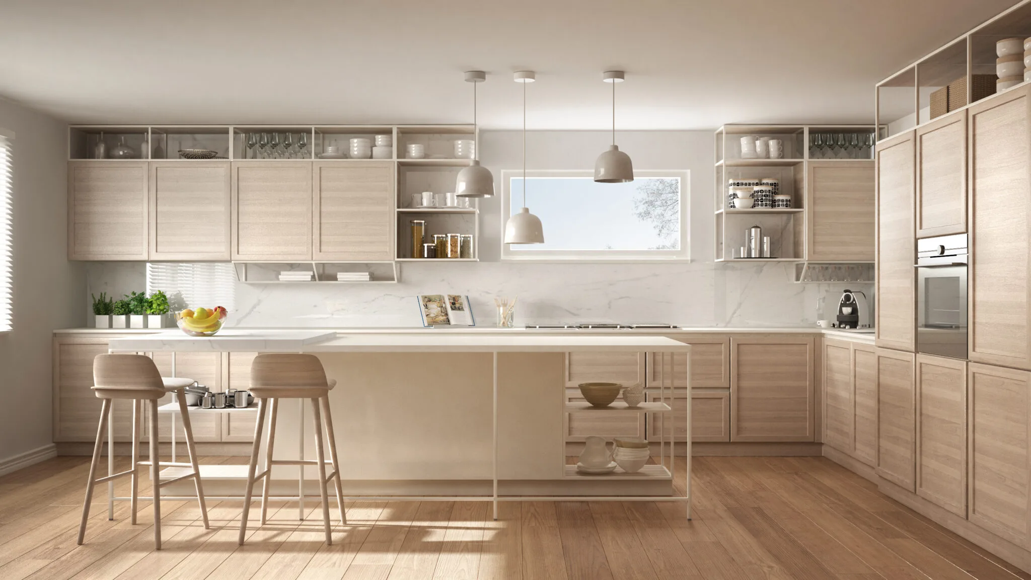A modern kitchen features light wooden cabinetry and a spacious island with bar stools