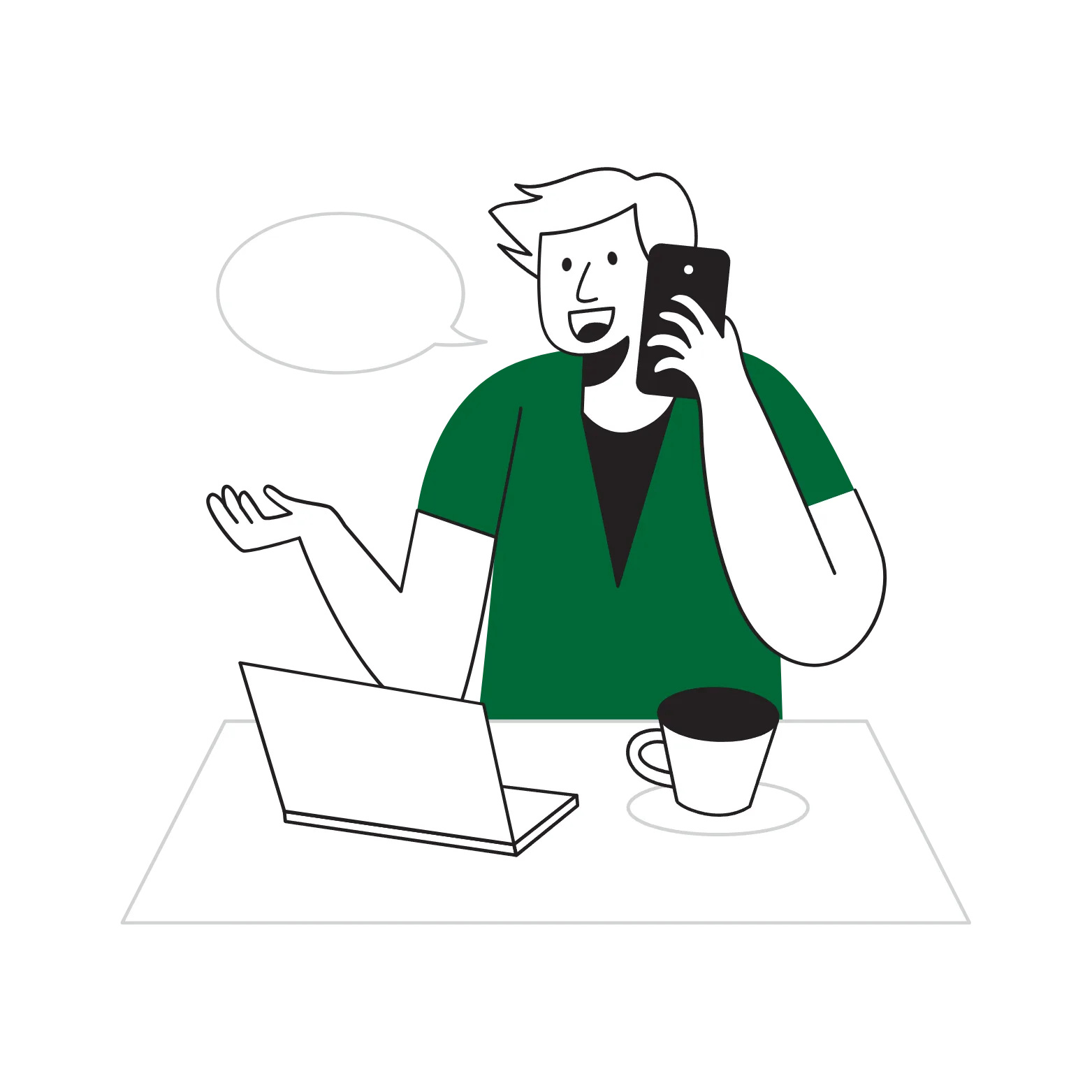 A person talks on the phone while engaging with a laptop and a cup