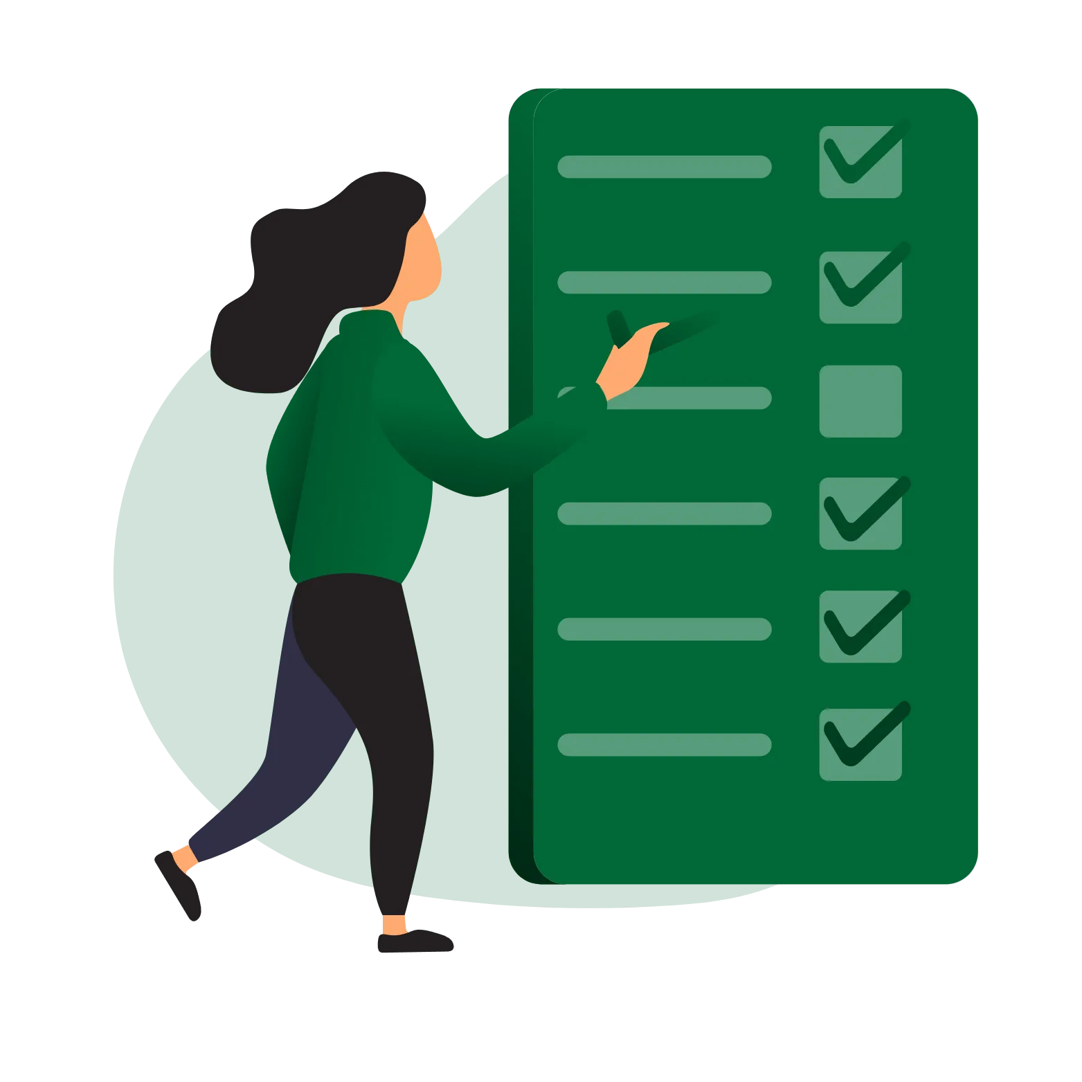 A woman checks off items on a green checklist, indicating progress or completion