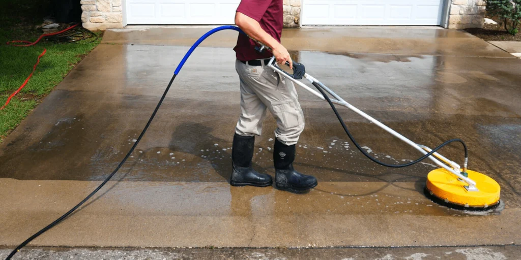 A person cleans a concrete surface using a power washer attachment