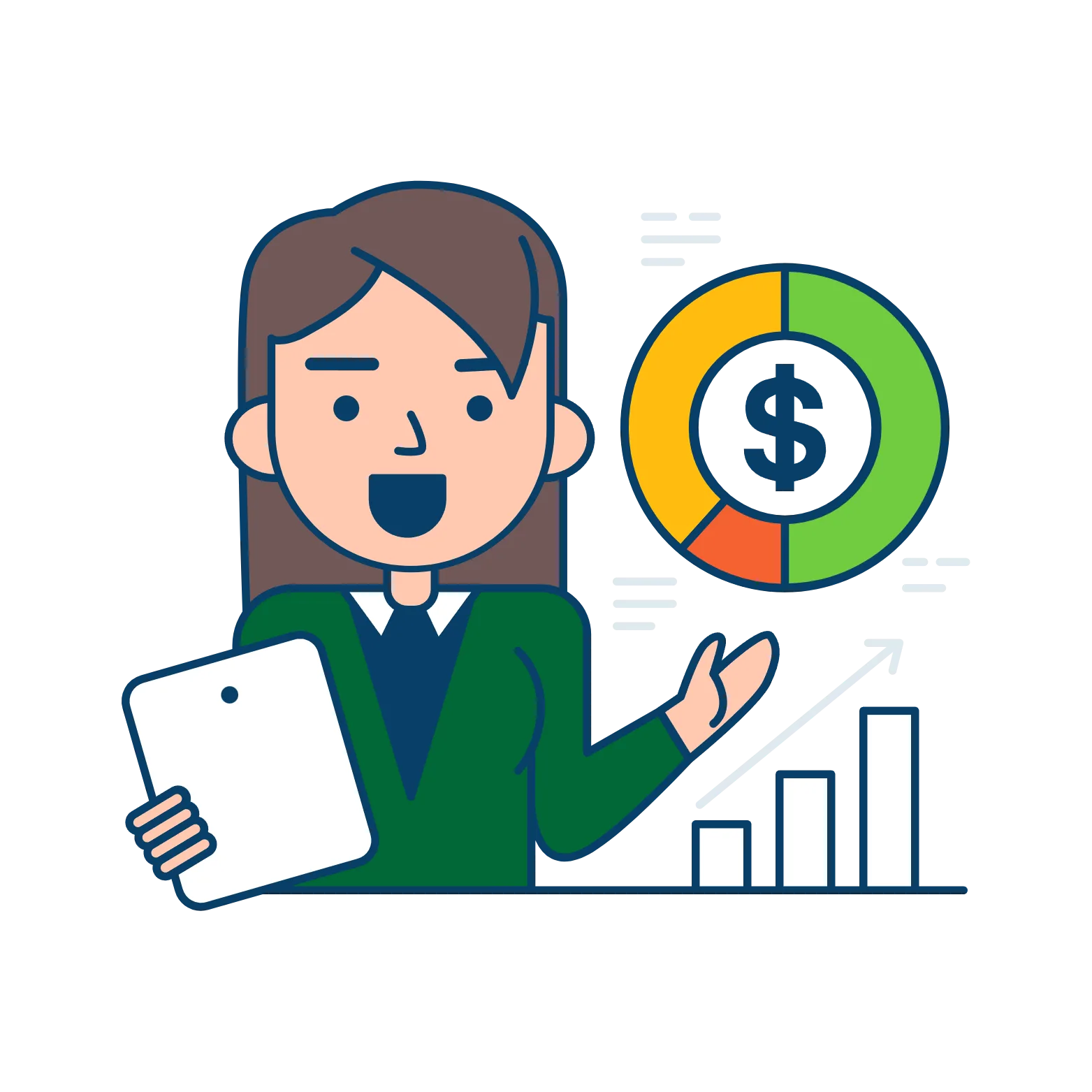 A woman in a green blazer presents financial data with a chart and dollar sign