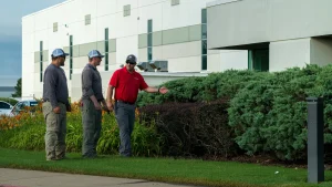 Two men in work attire and one in a red shirt discuss landscaping near a building