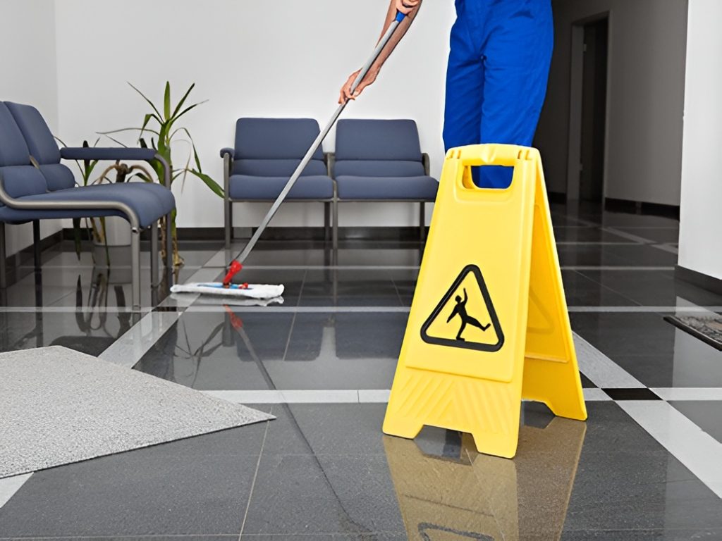 A person mops a shiny floor while a caution sign warns of slipperiness