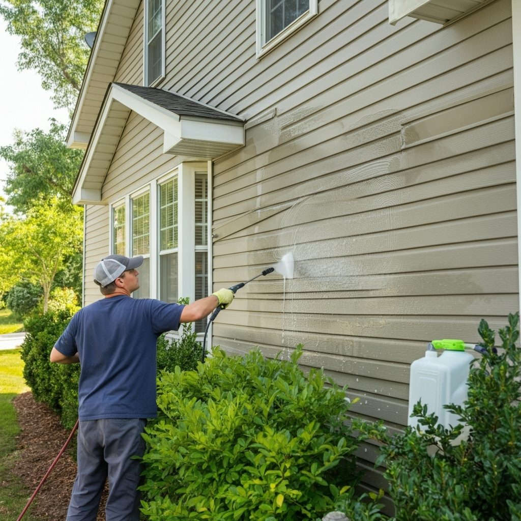 A person cleans the exterior of a house with a pressure washer