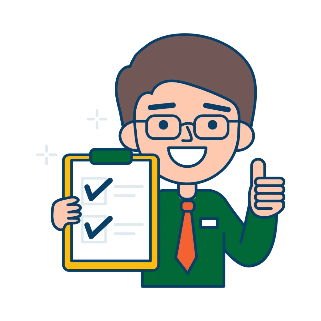 A smiling person in a green shirt holds a checklist and gives a thumbs-up