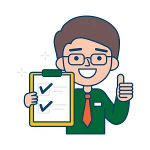 A smiling person in a green shirt holds a checklist and gives a thumbs-up