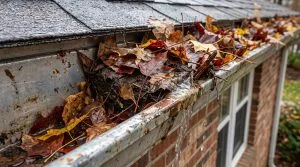 Colorful autumn leaves accumulate in a clogged gutter along a house